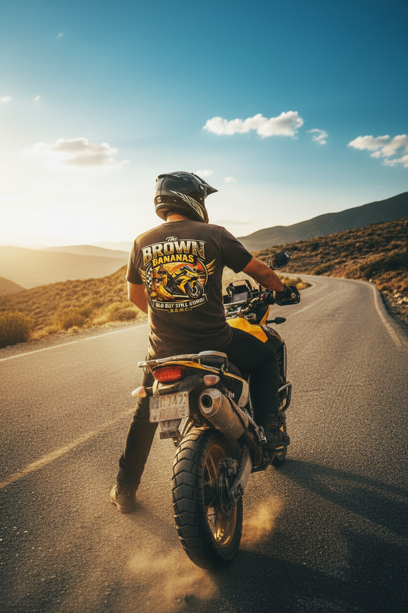 B.B.M.C. Adventure Bikes T-Shirt — Bright Back Logo Lifestyle Shot