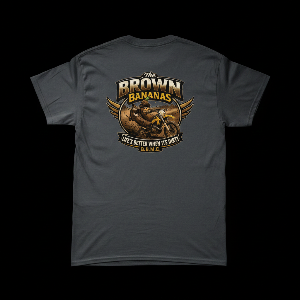 Brown Bananas Dirty Bike T-Shirts dark background mockup