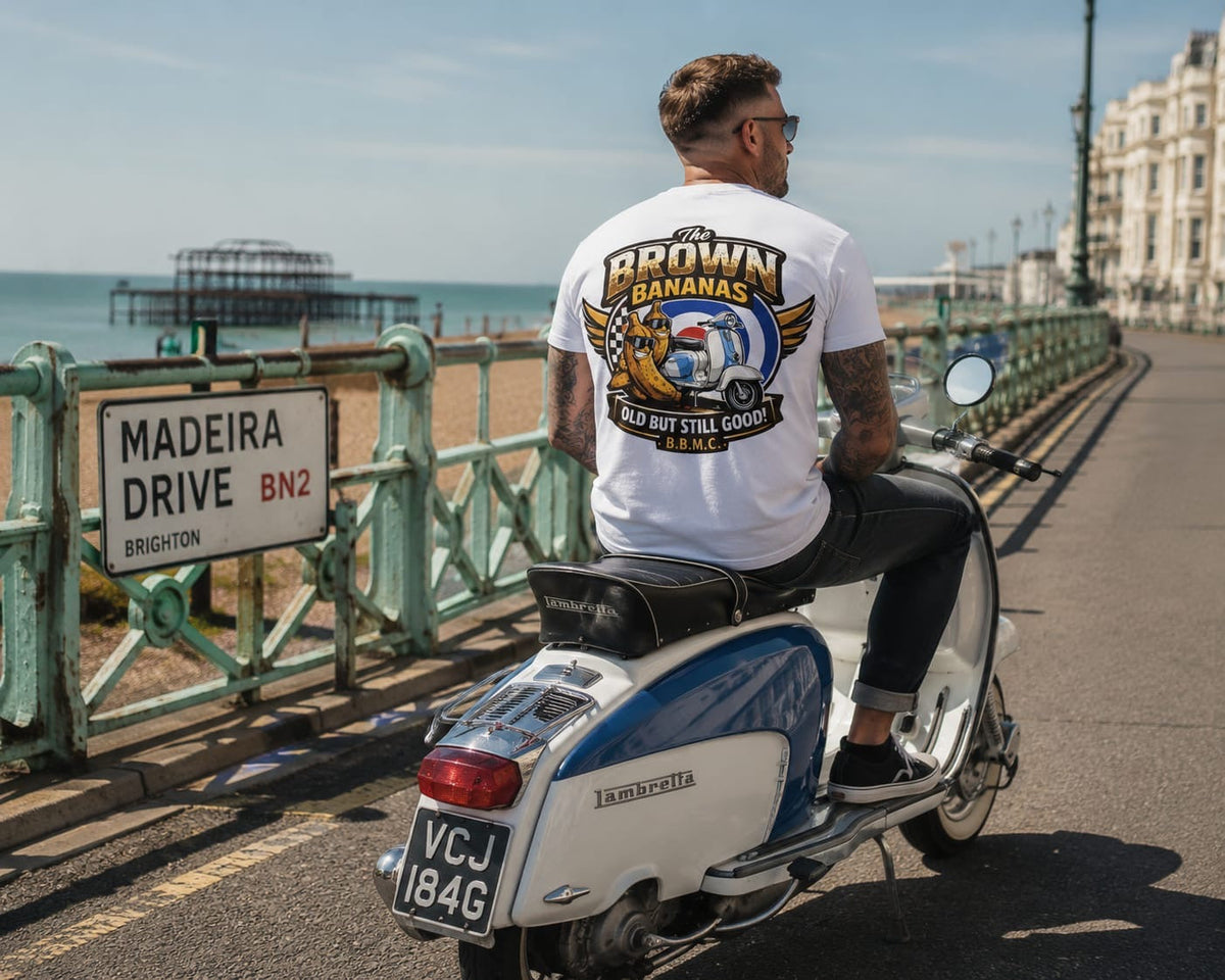B.B.M.C MOD T-Shirt worn by rider on Lambretta scooter at Brighton seafront
