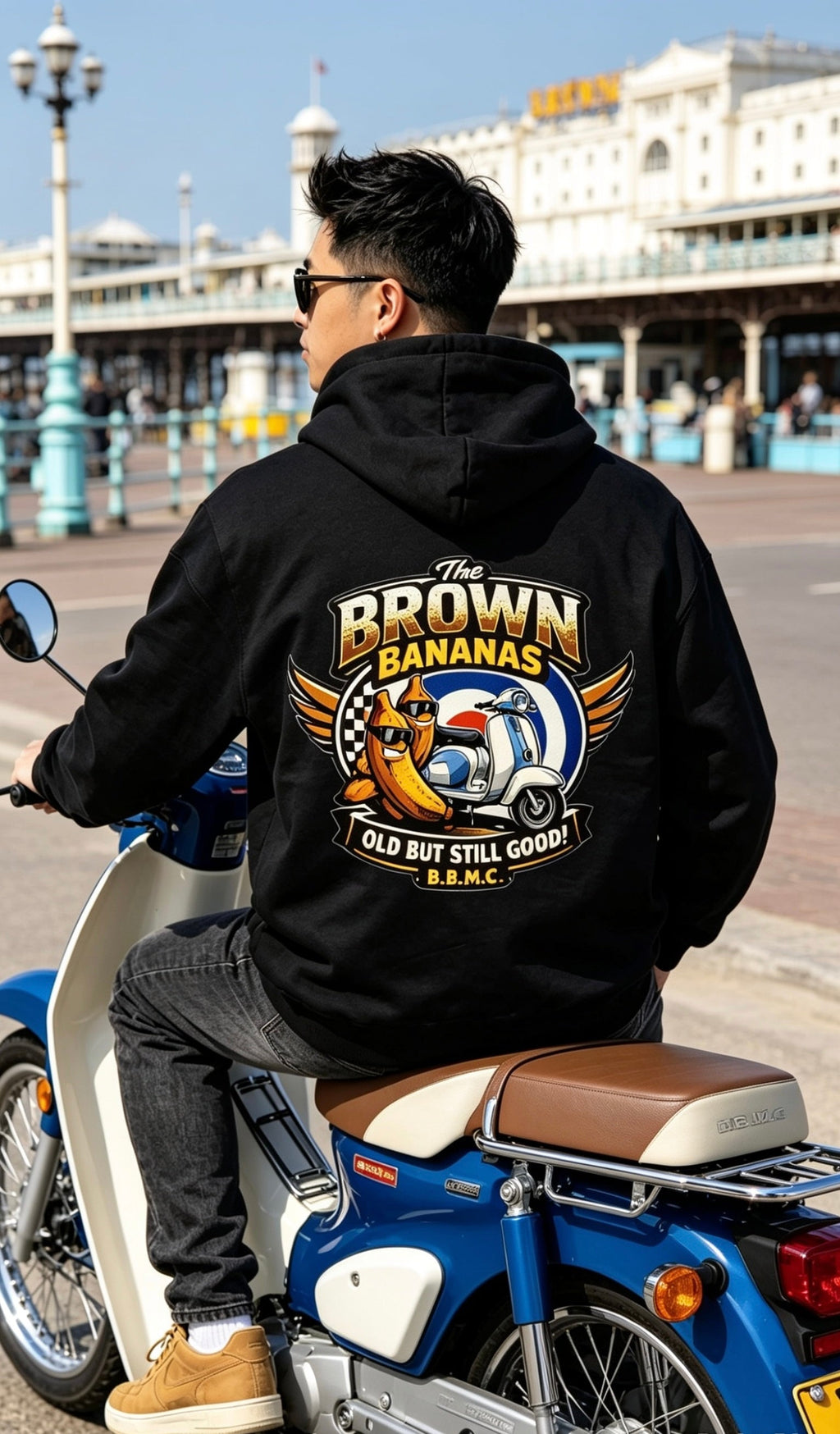 B.B.M.C MOD T-Shirt worn by rider on Lambretta scooter at Brighton Madeira Drive
